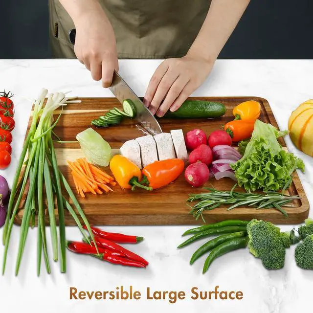 Alt view image 3 of 7 - AZRHOM Large Wood Cutting Boards Set of 4 for Kitchen Cheese Charcuterie Board (Gift Box Included) Acacia Butcher Block with Non-slip Mats, Juice Groove and Handles (16x12, 14x10, double 11x8 inch)-4