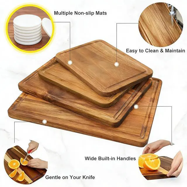 Alt view image 4 of 7 - AZRHOM Large Wood Cutting Boards Set of 4 for Kitchen Cheese Charcuterie Board (Gift Box Included) Acacia Butcher Block with Non-slip Mats, Juice Groove and Handles (16x12, 14x10, double 11x8 inch)-4