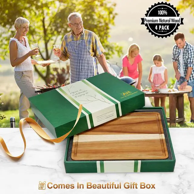 Alt view image 7 of 7 - AZRHOM Large Wood Cutting Boards Set of 4 for Kitchen Cheese Charcuterie Board (Gift Box Included) Acacia Butcher Block with Non-slip Mats, Juice Groove and Handles (16x12, 14x10, double 11x8 inch)-4