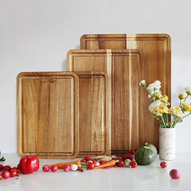 Alt view image 6 of 7 - AZRHOM Large Wood Cutting Boards Set of 4 for Kitchen Cheese Charcuterie Board (Gift Box Included) Acacia Butcher Block with Non-slip Mats, Juice Groove and Handles (16x12, 14x10, double 11x8 inch)-4