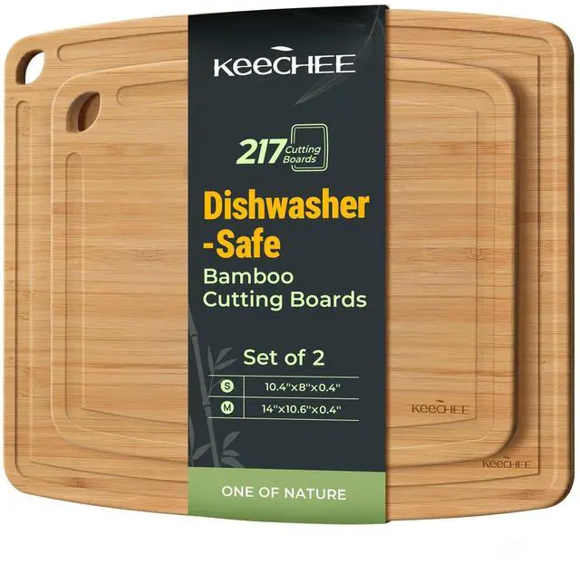 Main image of Keechee Dishwasher Safe Bamboo Cutting Boards Durable Lightweight Wood Cutting Board for Busy Kitchen, Easy Storage & Clean Wooden Chopping Boards with Juice Groove Set of 2 (M+S)