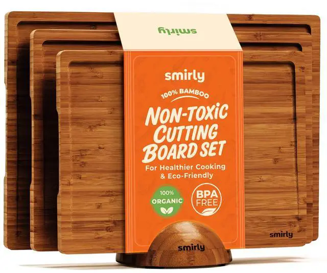 Main image of SMIRLY Bamboo Cutting board for Kitchen - Wood Cutting Boards for Meal Prep, Serving, Charcuterie - Kitchen Gadgets, House Warming Gifts - Wooden Chopping Board Set of 3 with Holder - Brown Bamboo