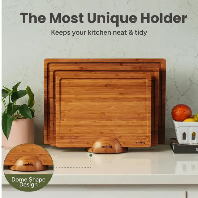 Alt view image 4 of 7 - SMIRLY Bamboo Cutting board for Kitchen - Wood Cutting Boards for Meal Prep, Serving, Charcuterie - Kitchen Gadgets, House Warming Gifts - Wooden Chopping Board Set of 3 with Holder - Brown Bamboo