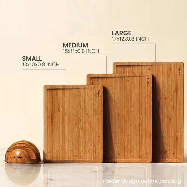Alt view image 5 of 7 - SMIRLY Bamboo Cutting board for Kitchen - Wood Cutting Boards for Meal Prep, Serving, Charcuterie - Kitchen Gadgets, House Warming Gifts - Wooden Chopping Board Set of 3 with Holder - Brown Bamboo