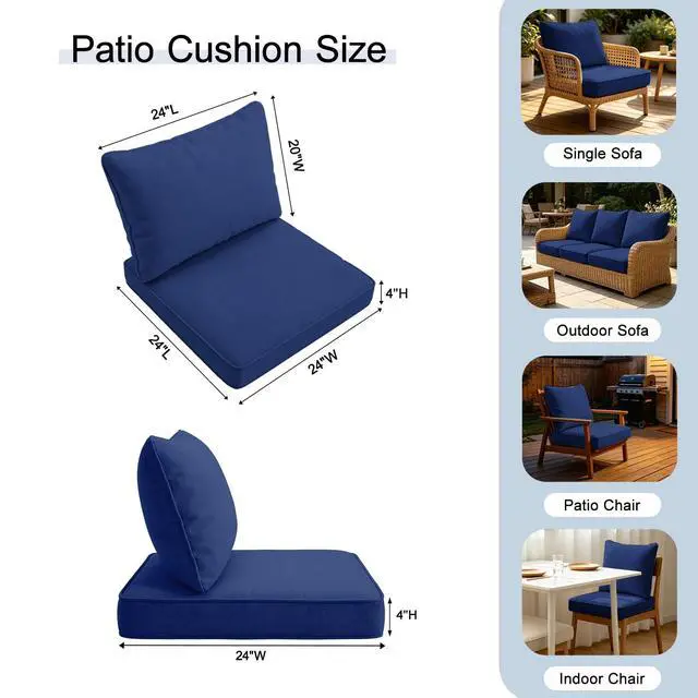 Alt view image 2 of 7 - Loungewave 24 x 24 Inch Outdoor Chair Cushions Set, Water Resistant Backrest Patio Furniture Cushions, 4" Thickened Outdoor Seat Cushion for Wicker Dining Rocking Swivel Chairs, Removable Cover