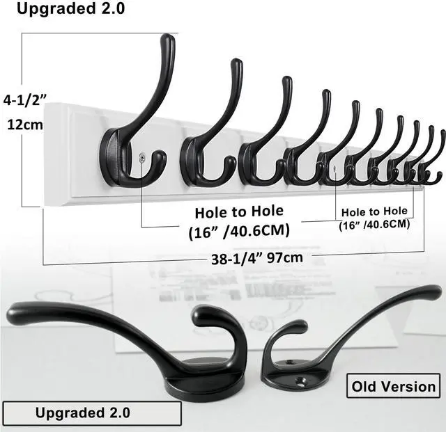 Alt view image 2 of 6 - Dseap Coat Rack Wall Mounted: 10-Hooks, 38-1/4" Long, 16" Hole to Hole, Wood Coat?Hooks Wall Mounted, Hook Rack, Hook Rail, Hooks for Hanging Coats, White & Black