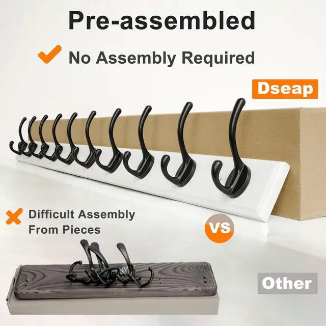 Alt view image 3 of 6 - Dseap Coat Rack Wall Mounted: 10-Hooks, 38-1/4" Long, 16" Hole to Hole, Wood Coat?Hooks Wall Mounted, Hook Rack, Hook Rail, Hooks for Hanging Coats, White & Black