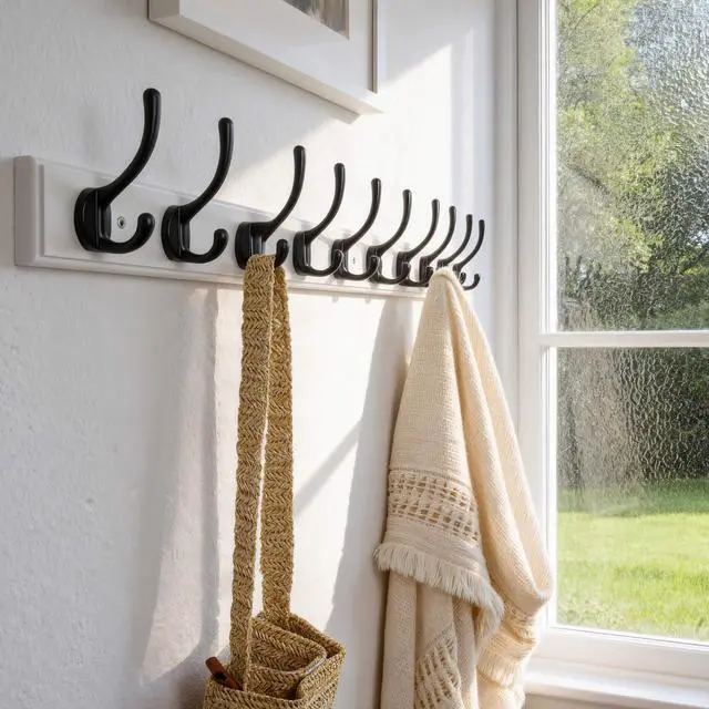 Alt view image 4 of 6 - Dseap Coat Rack Wall Mounted: 10-Hooks, 38-1/4" Long, 16" Hole to Hole, Wood Coat?Hooks Wall Mounted, Hook Rack, Hook Rail, Hooks for Hanging Coats, White & Black