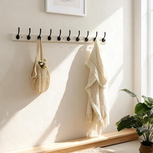 Alt view image 5 of 6 - Dseap Coat Rack Wall Mounted: 10-Hooks, 38-1/4" Long, 16" Hole to Hole, Wood Coat?Hooks Wall Mounted, Hook Rack, Hook Rail, Hooks for Hanging Coats, White & Black
