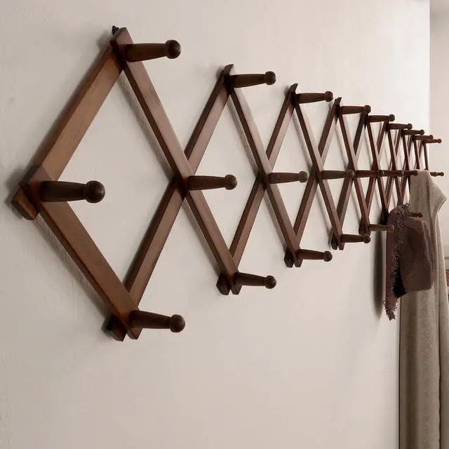 Alt view image 3 of 7 - SKOLOO Accordion Wall Hanger with 28 Hooks, Modern Expandable Coat Rack Hat Rack for Wall, Solid Wooden, Walnut Color