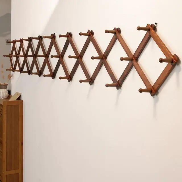 Alt view image 4 of 7 - SKOLOO Accordion Wall Hanger with 28 Hooks, Modern Expandable Coat Rack Hat Rack for Wall, Solid Wooden, Walnut Color