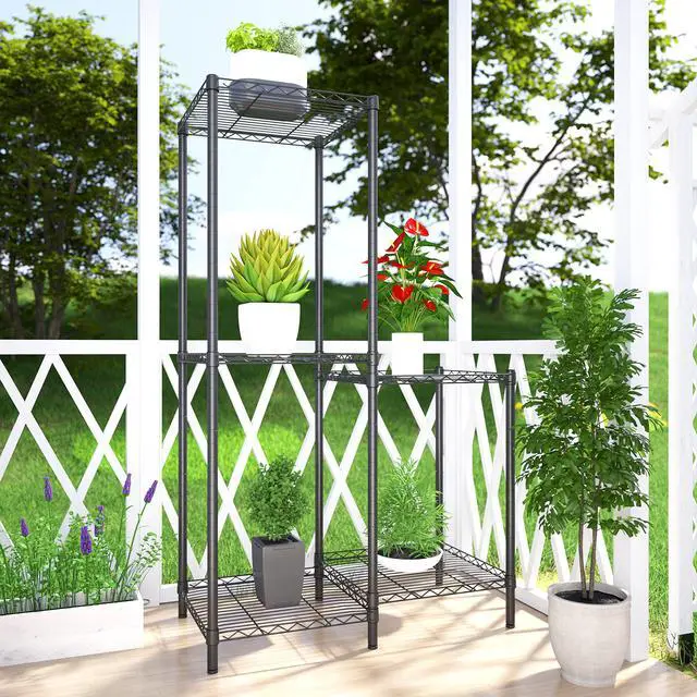 Alt view image 4 of 6 - Xiofio 5-Tier Plant Stand for Indoor Outdoor, Reinforced Plant Shelf for Multiple Plants Plant Rack ,Adjustable Plant Stand Suitable for Bedroom Living Room Balcony Garden,Black