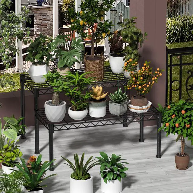 Alt view image 2 of 7 - Xiofio 2 Tier Ladder Potted Multiple Plants for Indoor and Outdoor Plant Stands, Adjustable Shelves and Multifunctional Plant Racks suitable for living room balconies and gardens,(Black)