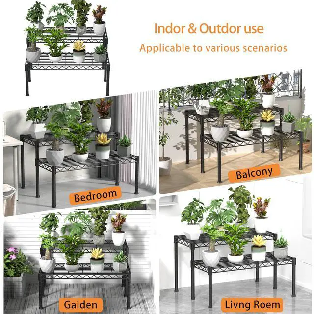 Alt view image 5 of 7 - Xiofio 2 Tier Ladder Potted Multiple Plants for Indoor and Outdoor Plant Stands, Adjustable Shelves and Multifunctional Plant Racks suitable for living room balconies and gardens,(Black)