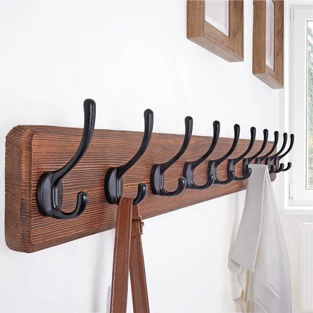 Alt view image 3 of 5 - SKOLOO Farmhouse Style Wall Mounted Coat Rack, 38.6'' Pine Solid Wood Coat Hook Hanger - 10 Hooks for Hanging Clothes Robes Towels Coats