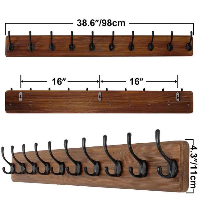 Alt view image 5 of 5 - SKOLOO Farmhouse Style Wall Mounted Coat Rack, 38.6'' Pine Solid Wood Coat Hook Hanger - 10 Hooks for Hanging Clothes Robes Towels Coats