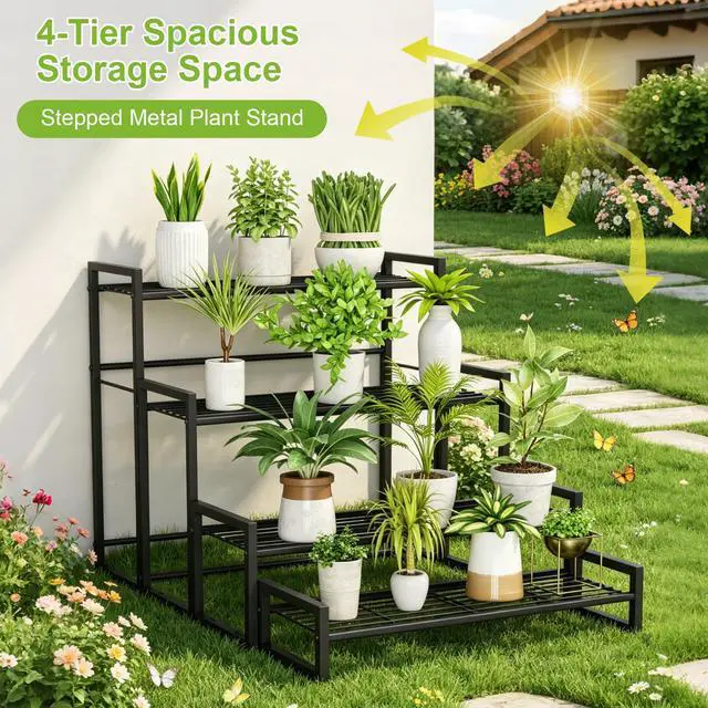 Alt view image 2 of 7 - VyGrow Plant Stand, 4 Tier Widened Stackable Tiered Plant Stand, Upgraded Scalable Heavy Duty Tall Plant Shelf for Indoor Outdoor, Garden, Display Shelves, Flower Pot Holder, Black