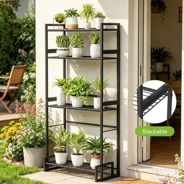 Alt view image 4 of 7 - VyGrow Plant Stand, 4 Tier Widened Stackable Tiered Plant Stand, Upgraded Scalable Heavy Duty Tall Plant Shelf for Indoor Outdoor, Garden, Display Shelves, Flower Pot Holder, Black