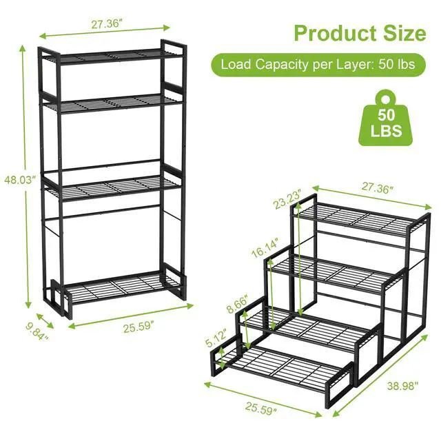 Alt view image 3 of 7 - VyGrow Plant Stand, 4 Tier Widened Stackable Tiered Plant Stand, Upgraded Scalable Heavy Duty Tall Plant Shelf for Indoor Outdoor, Garden, Display Shelves, Flower Pot Holder, Black