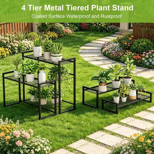 Alt view image 5 of 7 - VyGrow Plant Stand, 4 Tier Widened Stackable Tiered Plant Stand, Upgraded Scalable Heavy Duty Tall Plant Shelf for Indoor Outdoor, Garden, Display Shelves, Flower Pot Holder, Black