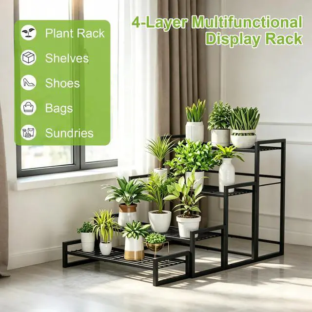 Alt view image 6 of 7 - VyGrow Plant Stand, 4 Tier Widened Stackable Tiered Plant Stand, Upgraded Scalable Heavy Duty Tall Plant Shelf for Indoor Outdoor, Garden, Display Shelves, Flower Pot Holder, Black