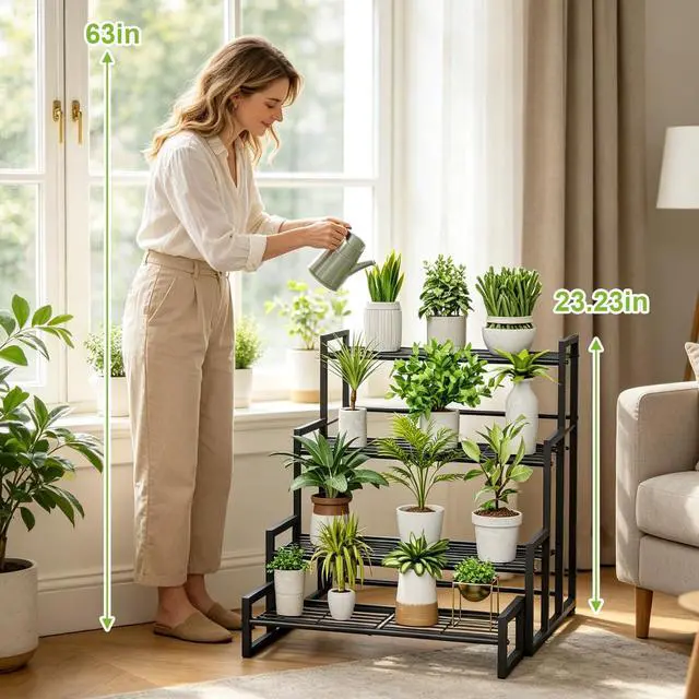 Alt view image 7 of 7 - VyGrow Plant Stand, 4 Tier Widened Stackable Tiered Plant Stand, Upgraded Scalable Heavy Duty Tall Plant Shelf for Indoor Outdoor, Garden, Display Shelves, Flower Pot Holder, Black