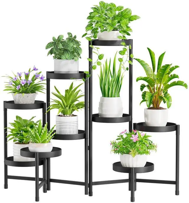 Main image of iDavosic.ly Plant Stand Indoor Outdoor, 9 Tier Corner Metal Flower Display Holder Shelf, Folding Tall Orchid Rack for Patio Balcony Porch Garden Living Room House, Black