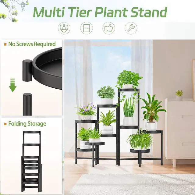 Alt view image 4 of 7 - iDavosic.ly Plant Stand Indoor Outdoor, 9 Tier Corner Metal Flower Display Holder Shelf, Folding Tall Orchid Rack for Patio Balcony Porch Garden Living Room House, Black