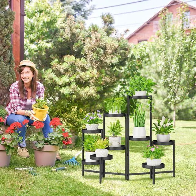 Alt view image 6 of 7 - iDavosic.ly Plant Stand Indoor Outdoor, 9 Tier Corner Metal Flower Display Holder Shelf, Folding Tall Orchid Rack for Patio Balcony Porch Garden Living Room House, Black