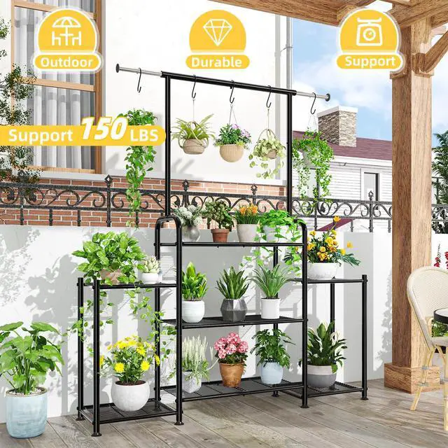 Alt view image 2 of 7 - Simple Trending Plant Stand Indoor Outdoor, Metal 3 Tier Tall Hanging Plant Shelf for Multiple Flower Planter Large Heavy Duty Ladder Plant Holder for Garden, Black