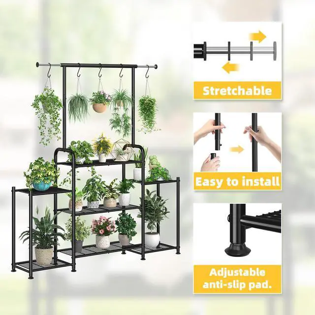 Alt view image 7 of 7 - Simple Trending Plant Stand Indoor Outdoor, Metal 3 Tier Tall Hanging Plant Shelf for Multiple Flower Planter Large Heavy Duty Ladder Plant Holder for Garden, Black