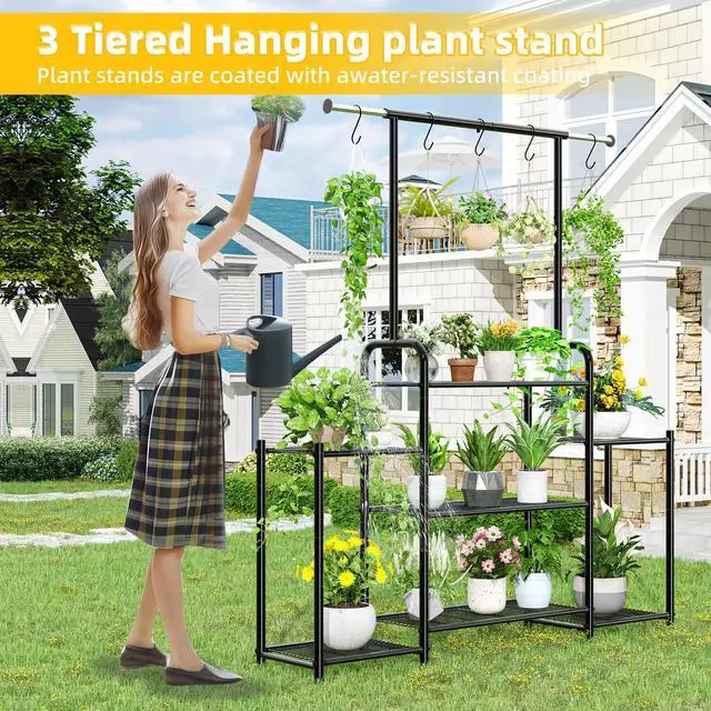 Alt view image 4 of 7 - Simple Trending Plant Stand Indoor Outdoor, Metal 3 Tier Tall Hanging Plant Shelf for Multiple Flower Planter Large Heavy Duty Ladder Plant Holder for Garden, Black