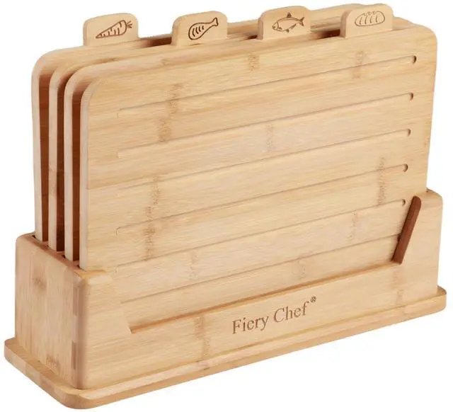 Main image of Fiery Chef 14.56"L x 11"W Bamboo Cutting Board Set of 4 - Wood Cutting Board Set with Holder, Chopping Boards Set with Food Icons, Juice Groove - Ideal for Meat, Fish, Bread, Vegetable, Fruit Chopping