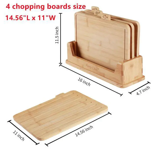 Alt view image 2 of 7 - Fiery Chef 14.56"L x 11"W Bamboo Cutting Board Set of 4 - Wood Cutting Board Set with Holder, Chopping Boards Set with Food Icons, Juice Groove - Ideal for Meat, Fish, Bread, Vegetable, Fruit Chopping