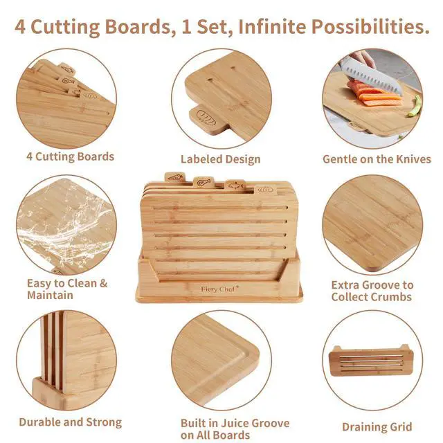 Alt view image 3 of 7 - Fiery Chef 14.56"L x 11"W Bamboo Cutting Board Set of 4 - Wood Cutting Board Set with Holder, Chopping Boards Set with Food Icons, Juice Groove - Ideal for Meat, Fish, Bread, Vegetable, Fruit Chopping