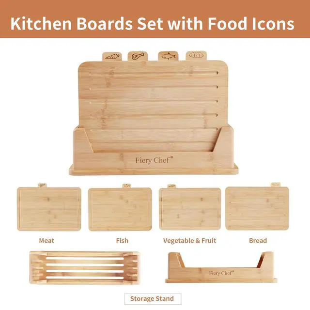 Alt view image 4 of 7 - Fiery Chef 14.56"L x 11"W Bamboo Cutting Board Set of 4 - Wood Cutting Board Set with Holder, Chopping Boards Set with Food Icons, Juice Groove - Ideal for Meat, Fish, Bread, Vegetable, Fruit Chopping