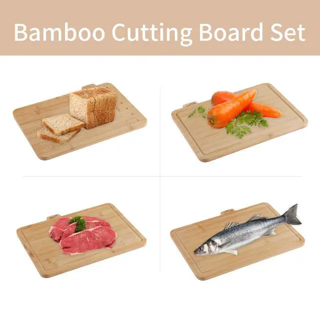 Alt view image 5 of 7 - Fiery Chef 14.56"L x 11"W Bamboo Cutting Board Set of 4 - Wood Cutting Board Set with Holder, Chopping Boards Set with Food Icons, Juice Groove - Ideal for Meat, Fish, Bread, Vegetable, Fruit Chopping