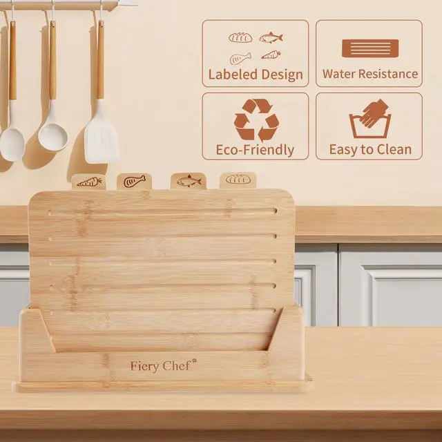 Alt view image 6 of 7 - Fiery Chef 14.56"L x 11"W Bamboo Cutting Board Set of 4 - Wood Cutting Board Set with Holder, Chopping Boards Set with Food Icons, Juice Groove - Ideal for Meat, Fish, Bread, Vegetable, Fruit Chopping