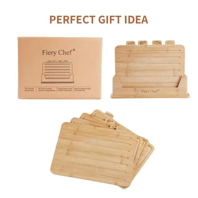 Alt view image 7 of 7 - Fiery Chef 14.56"L x 11"W Bamboo Cutting Board Set of 4 - Wood Cutting Board Set with Holder, Chopping Boards Set with Food Icons, Juice Groove - Ideal for Meat, Fish, Bread, Vegetable, Fruit Chopping