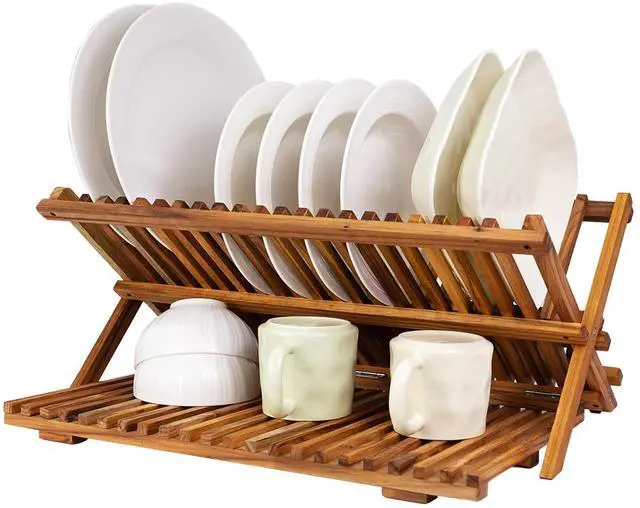 Main image of Utoplike Large Teak Dish Drying Rack, Wooden 3 Tier Collapsible Dish Draine for Countertop, Kitchen Organizer for Pasta Plates, Cups
