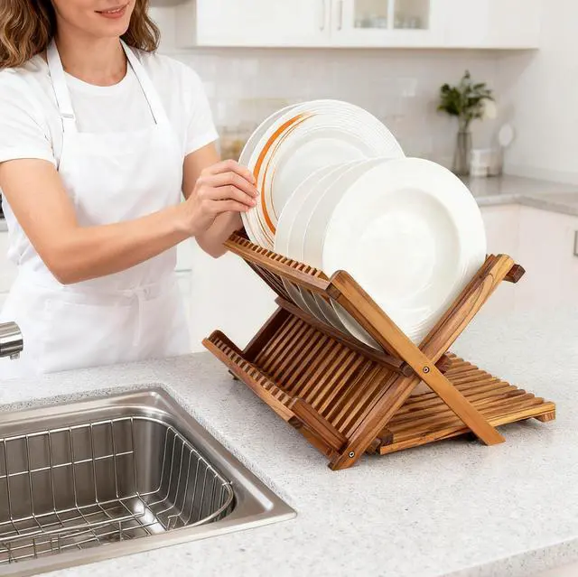 Alt view image 2 of 7 - Utoplike Large Teak Dish Drying Rack, Wooden 3 Tier Collapsible Dish Draine for Countertop, Kitchen Organizer for Pasta Plates, Cups