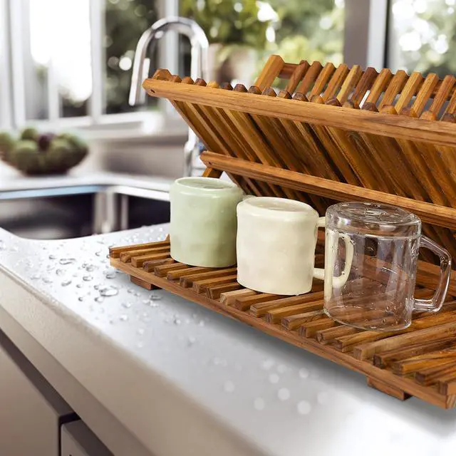 Alt view image 3 of 7 - Utoplike Large Teak Dish Drying Rack, Wooden 3 Tier Collapsible Dish Draine for Countertop, Kitchen Organizer for Pasta Plates, Cups