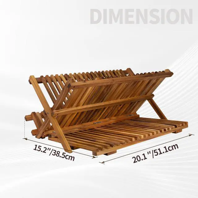 Alt view image 4 of 7 - Utoplike Large Teak Dish Drying Rack, Wooden 3 Tier Collapsible Dish Draine for Countertop, Kitchen Organizer for Pasta Plates, Cups