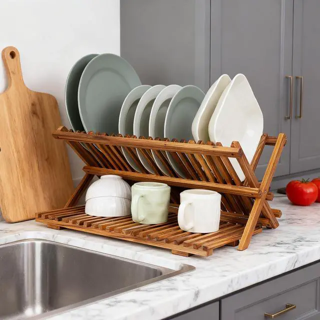 Alt view image 5 of 7 - Utoplike Large Teak Dish Drying Rack, Wooden 3 Tier Collapsible Dish Draine for Countertop, Kitchen Organizer for Pasta Plates, Cups