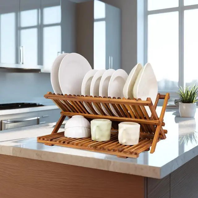 Alt view image 7 of 7 - Utoplike Large Teak Dish Drying Rack, Wooden 3 Tier Collapsible Dish Draine for Countertop, Kitchen Organizer for Pasta Plates, Cups