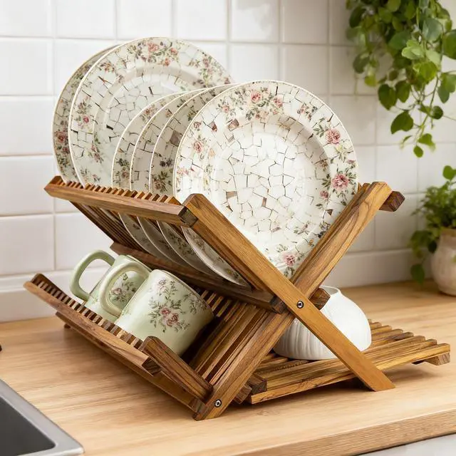 Alt view image 6 of 7 - Utoplike Large Teak Dish Drying Rack, Wooden 3 Tier Collapsible Dish Draine for Countertop, Kitchen Organizer for Pasta Plates, Cups