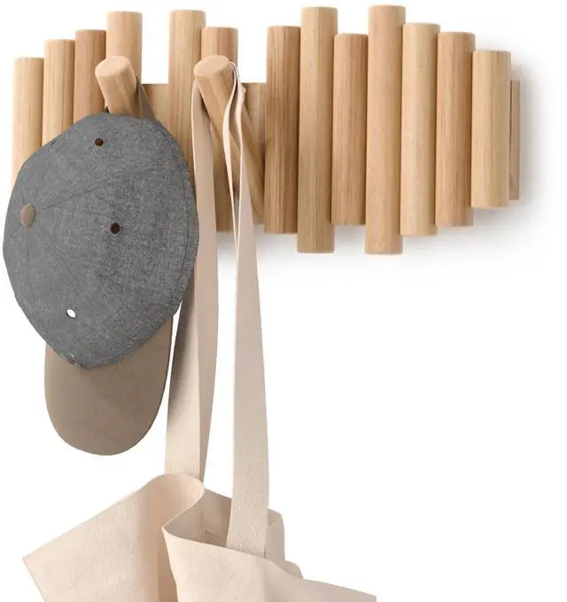Main image of Umbra Picket Coat Rack Wall Mount 5 Flip-Down Wood Coat Hooks, Modern & Functional Storage, Easy Install Wall Hooks, Natural