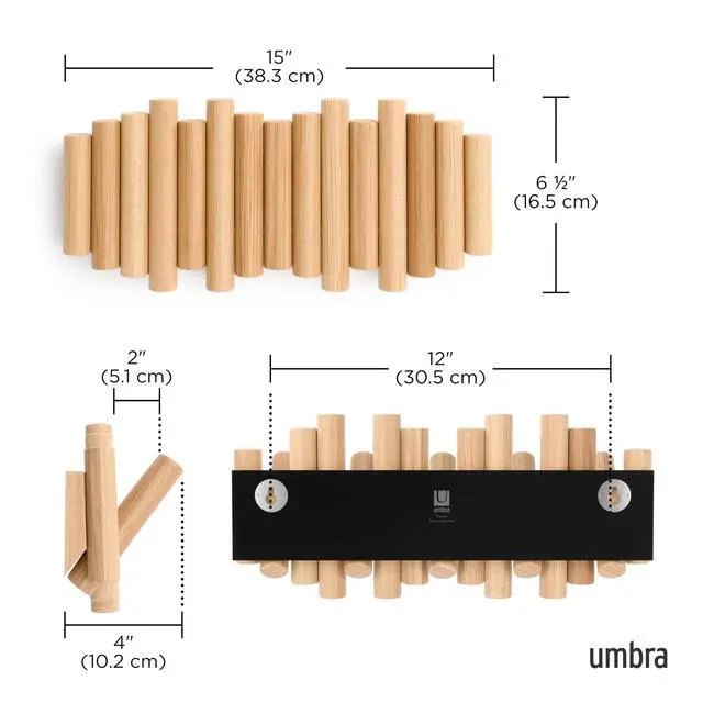 Alt view image 3 of 6 - Umbra Picket Coat Rack Wall Mount 5 Flip-Down Wood Coat Hooks, Modern & Functional Storage, Easy Install Wall Hooks, Natural