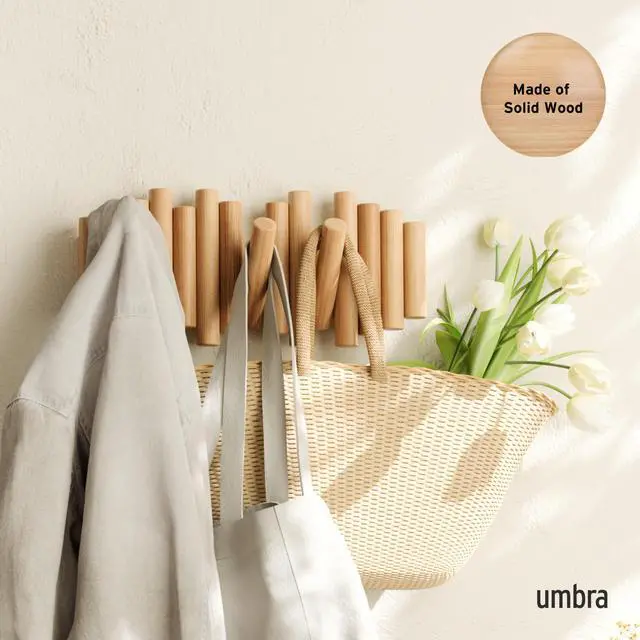 Alt view image 2 of 6 - Umbra Picket Coat Rack Wall Mount 5 Flip-Down Wood Coat Hooks, Modern & Functional Storage, Easy Install Wall Hooks, Natural