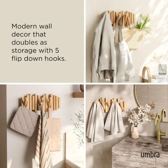 Alt view image 4 of 6 - Umbra Picket Coat Rack Wall Mount 5 Flip-Down Wood Coat Hooks, Modern & Functional Storage, Easy Install Wall Hooks, Natural